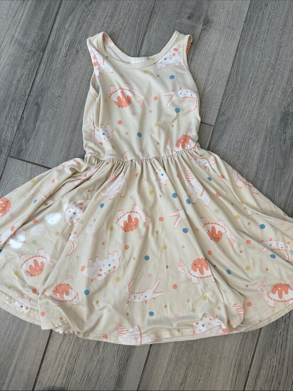 Dot Dot Smile Cream Dress with Peach Dino and Polka Dot Print